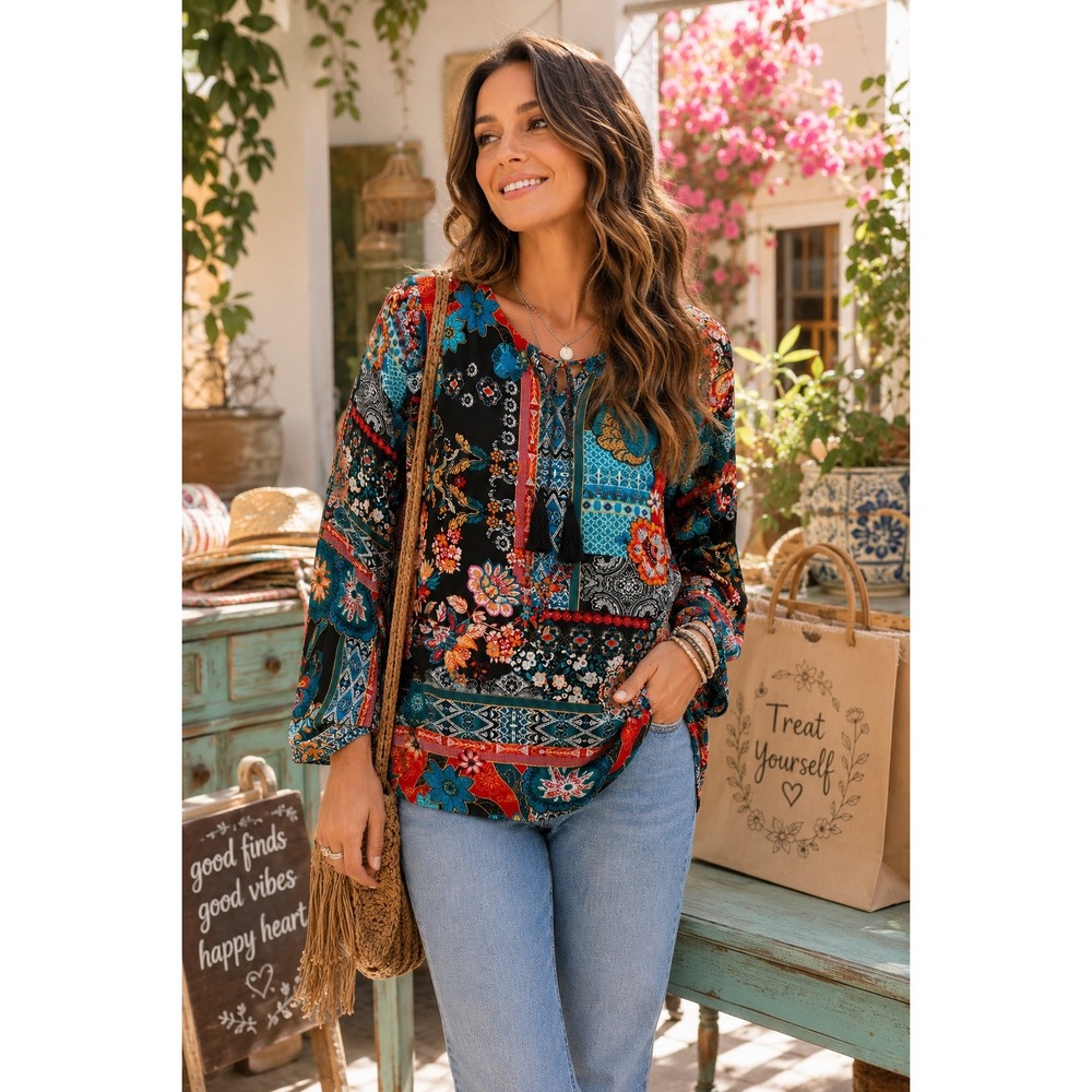 Laurel Grey Womens Boho Patchwork Floral Tunic Blouse Tassel Tie‎ Long Sleeve M